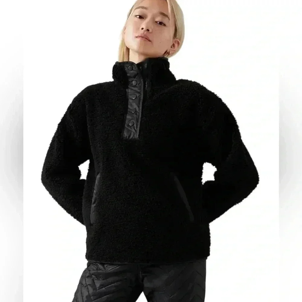 Athleta Tops Athleta Cozy Sherpa Snap Sweatshirt Black Size XS Pockets